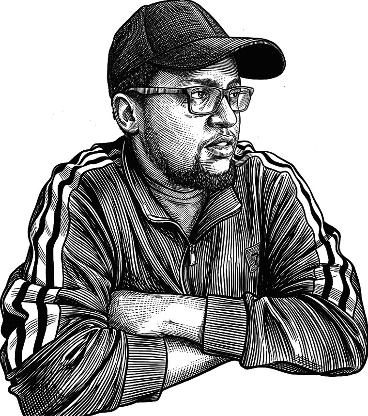 Engraved black-ink portrait of Denis Kimathi in a cap, glasses and a striped track jacket, arms folded